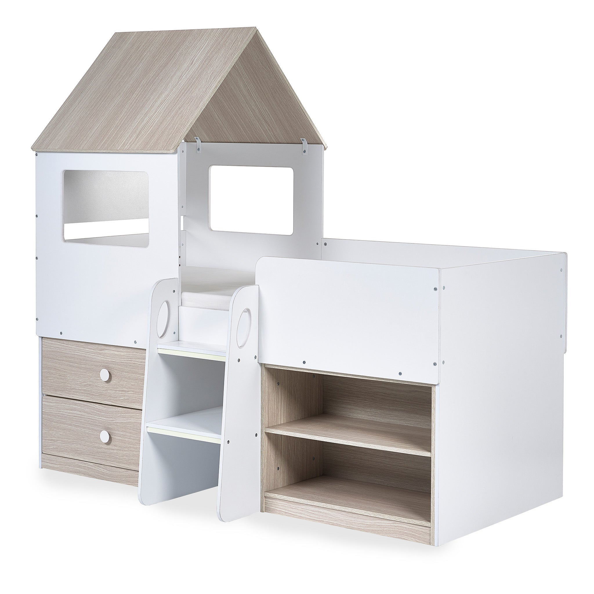 House Style Midsleeper Bed with Storage in Wood and White